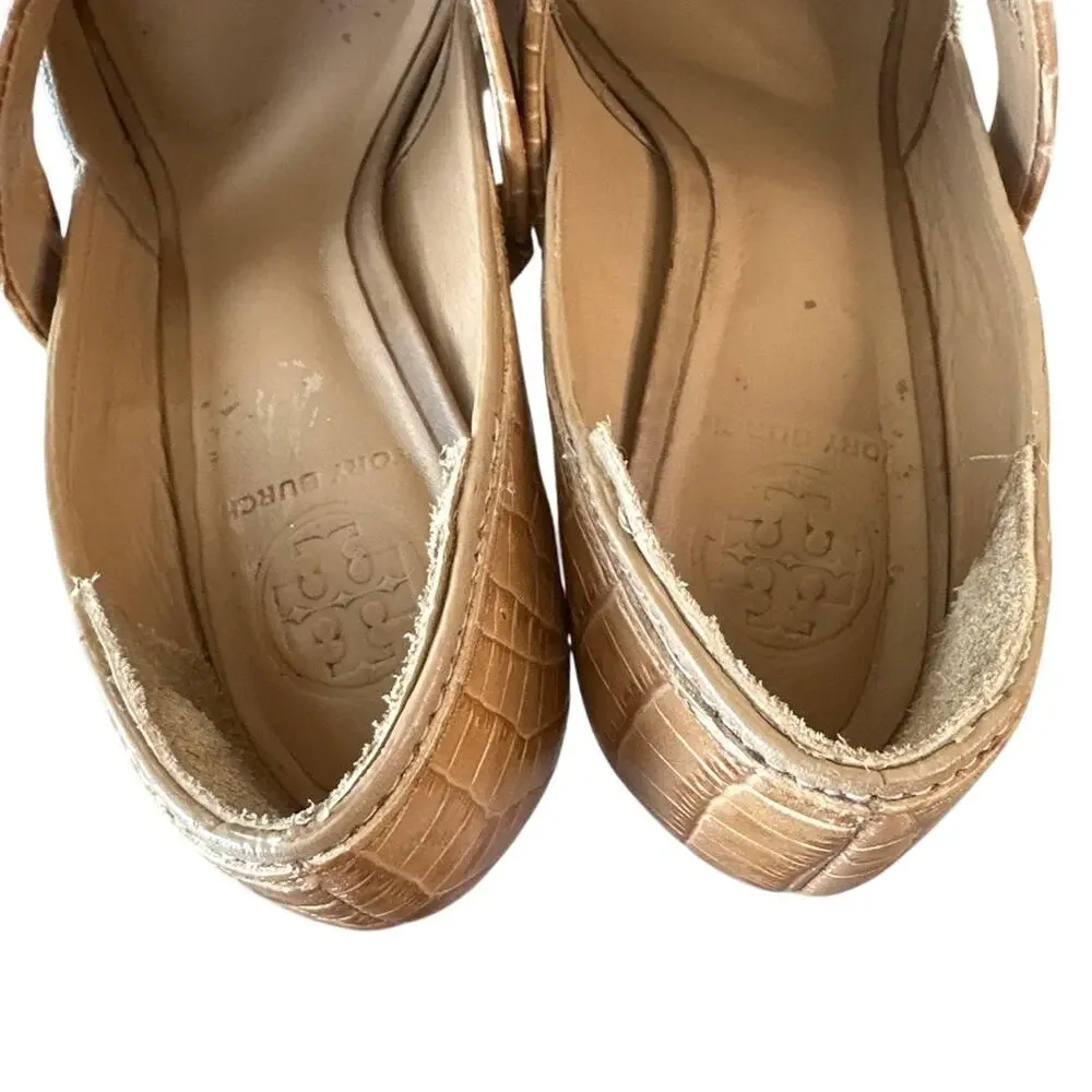 Tory Burch Georgina Linen Platform Heels Croc Leather Peep Toe Sz 9